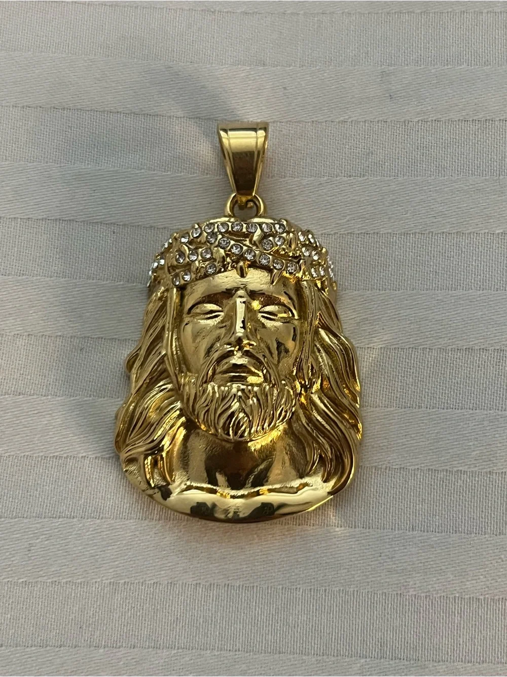 14K Gold Mens Jesus Head Pendant Stainless Steel Iced Out Simulated Diamonds Lux